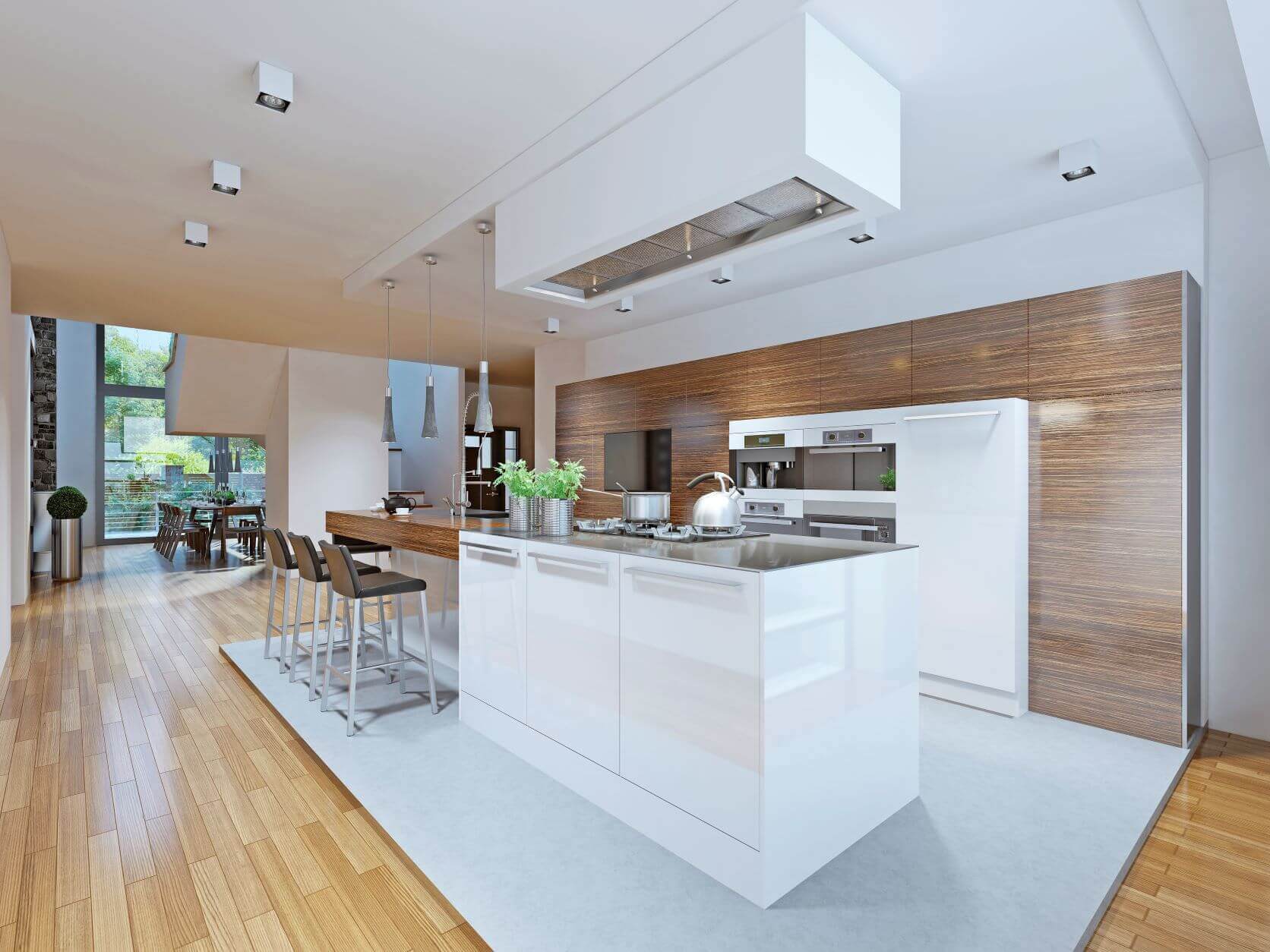 spacious kitchen with glossy grainy cabinets and white glossy island
