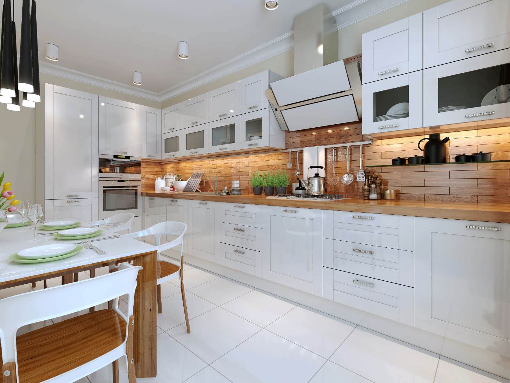 very large kitchen with white glossy cabinets